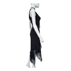 y2k vintage black asymmetrical bodycon party evening dress ruffled hem, french vintage dress, size small/medium