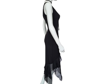 y2k vintage black asymmetrical bodycon party evening dress ruffled hem, french vintage dress, size small/medium