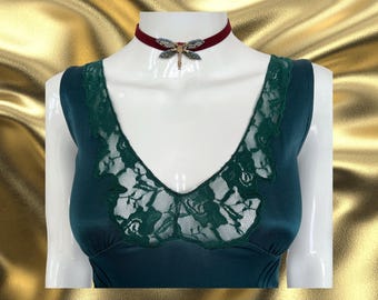 vintage y2k green satin camisole, lace trim cami vest top, bias cut slip cami top, romantic evening top, size small