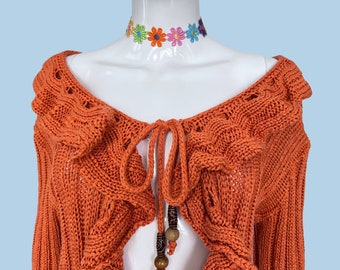 00s Y2K ruffle cardigan shrug, crochet bolero shrug, burnt orange shrug cardigan, tie front shrug, crochet knit cardigan, french vintage