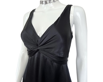 vintage y2k schwarzes seidenkleid, schleife rücken knoten kleid, midi slip kleid aus seidensatin, cocktail party kleid vintage