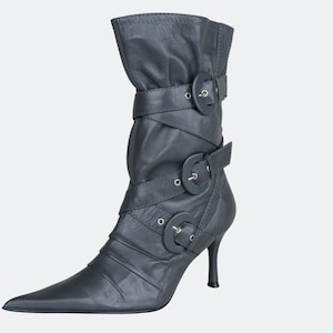 00s Y2K Leather High Heel Pointed Toe Boots, Vintage 2000s Grey Leather Buckle Boots, Size EUR 39 UK 6 US 8, Deadstock