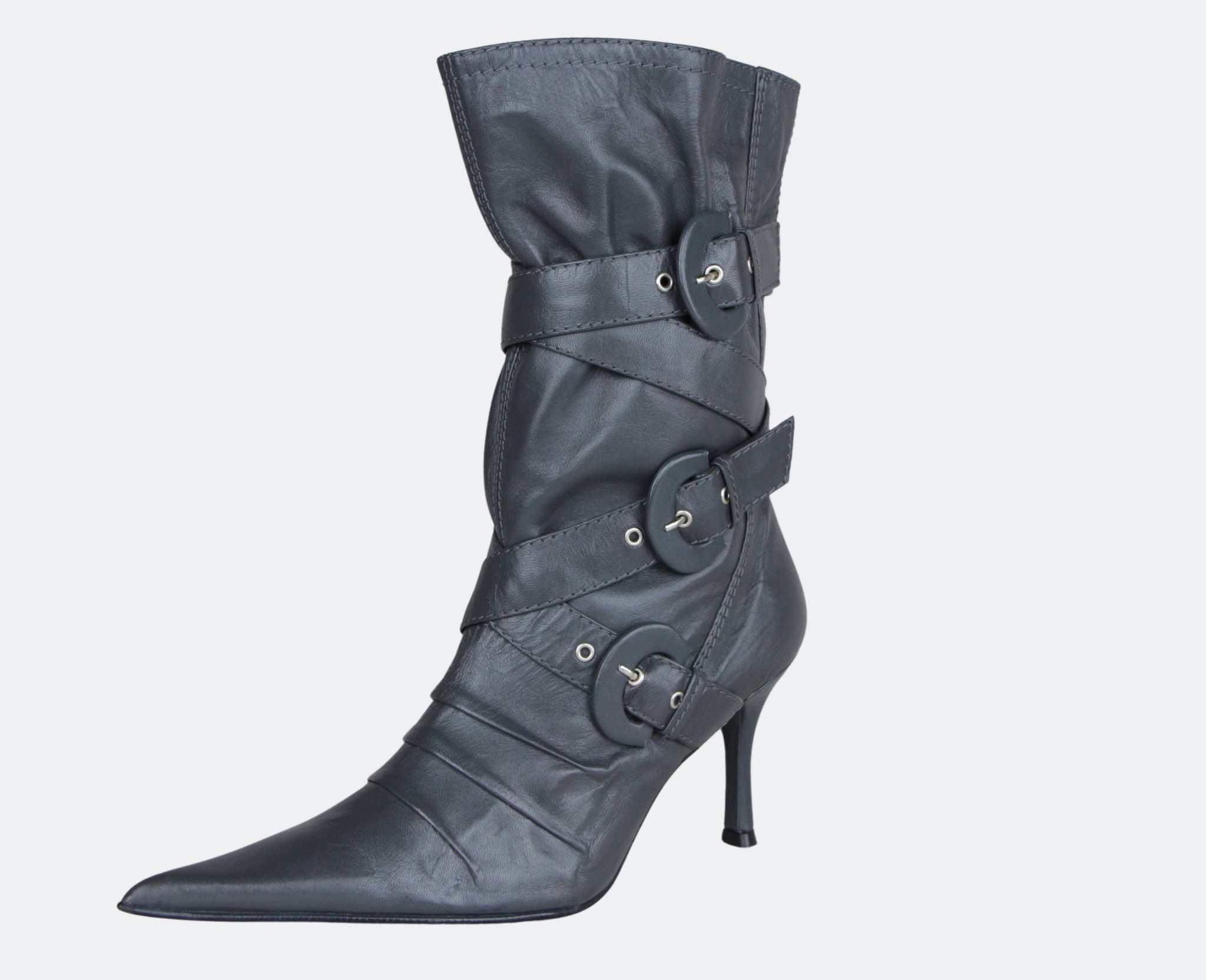 Women's Leather Creeper Buckle Black Block Heel Pointy Toe Side Zip Ankle  Boots