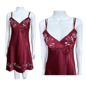 Vintage Y2K Burgundy Embroidered Satin Babydoll Slip Dress, French Vintage Dress, Size Small