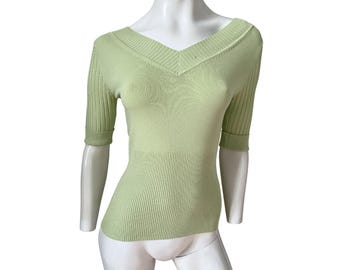 vintage y2k mint V-neck and back half sleeve knit top, pastel green sweater top, french vintage, size small-medium