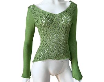 vintage bell sleeve asymmetric knit top with v-neck and back, y2k open knit green sweater top, size small-medium