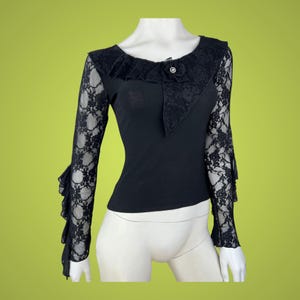 Vintage Y2K Black Lace Top with Cascading Ruffle Sleeve, Black Fairy Top, Whimsigoth Clothing, Romantic Gothic Lace Top, Stevie Nicks