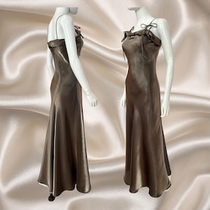 Vintage 90&#39;s Metallic Khaki Maxi Slip Dress, Cocktail Prom Formal Gown, French Vintage Dress, Size S-M