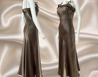 Vintage 90's Metallic Khaki Maxi Slip Dress, Cocktail Prom Formal Gown, French Vintage Dress, Size S-M