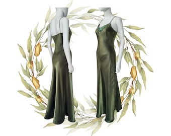 Vintage 90's Metallic Green Maxi Slip Dress w/ Matching Shawl, Cocktail Prom Formal Gown, Sequin Prom Dress,  French Vintage Dress, Size S-M