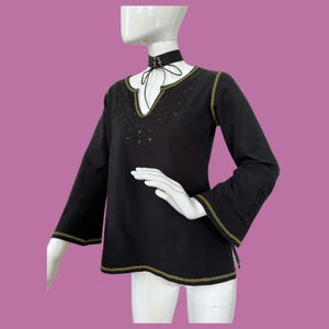 Vintage Y2K Black Bell Sleeve Sequin Top, Y2K Embroidered Top, Black Fairy Top, Whimsigoth Clothing, Fairy Grunge Tops, Size Small-Medium