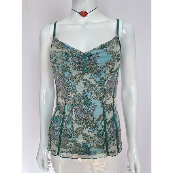 90s Y2k Mesh Cami Top, Vintage Cinched Mesh Top, Blue Green Japanese Floral Print, Grunge, Indie, Size M