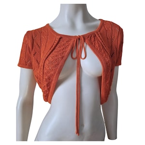 vintage burnt orange open knit bolero shrug, y2k tie front knitted cropped cardigan, size small-medium
