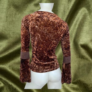 May include: A brown velvet long-sleeve top with bell sleeves and a textured pattern. The top has a scoop neck and a fitted silhouette.
