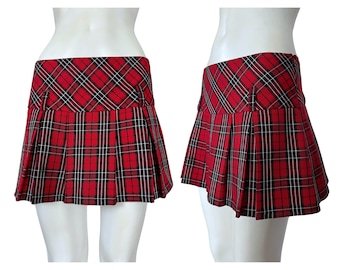 Minifalda plisada a cuadros estilo Y2K vintage, falda a cuadros de talle bajo con estampado de tartán rojo