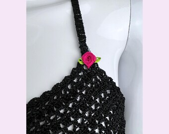 vintage crochet knit top, open back halter top, y2k crochet top, 3d mini roses applique, size small