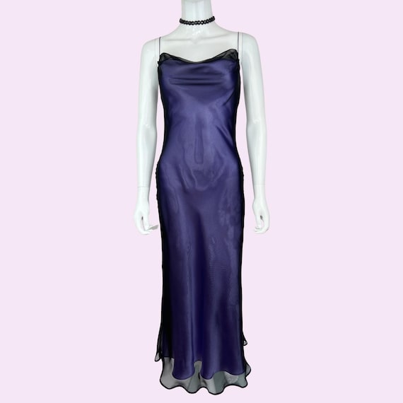 90s bias cut dress Vintage 90s Bias Cut Maxi Slip Dress, Cowl Neck Satin Long Slip Dress, Chiffon Overlay Dress, Cocktail Prom Formal Gown, Purple Slip Dress