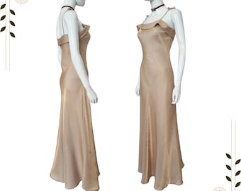 90s Vintage Champagne Maxi Slip Dress, Cocktail Prom Formal Gown, Wedding Guest Dress, Tie Shoulder Slip Dress, French Vintage Dress