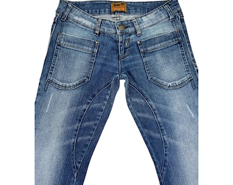 Pantalones vaqueros vintage Y2K de tiro bajo y pierna recta, detalle de costura, talla pequeña.
