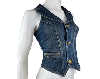 Vintage Y2K Crop Denim Vest, Stretchy Jean Waistcoat Women's Small
