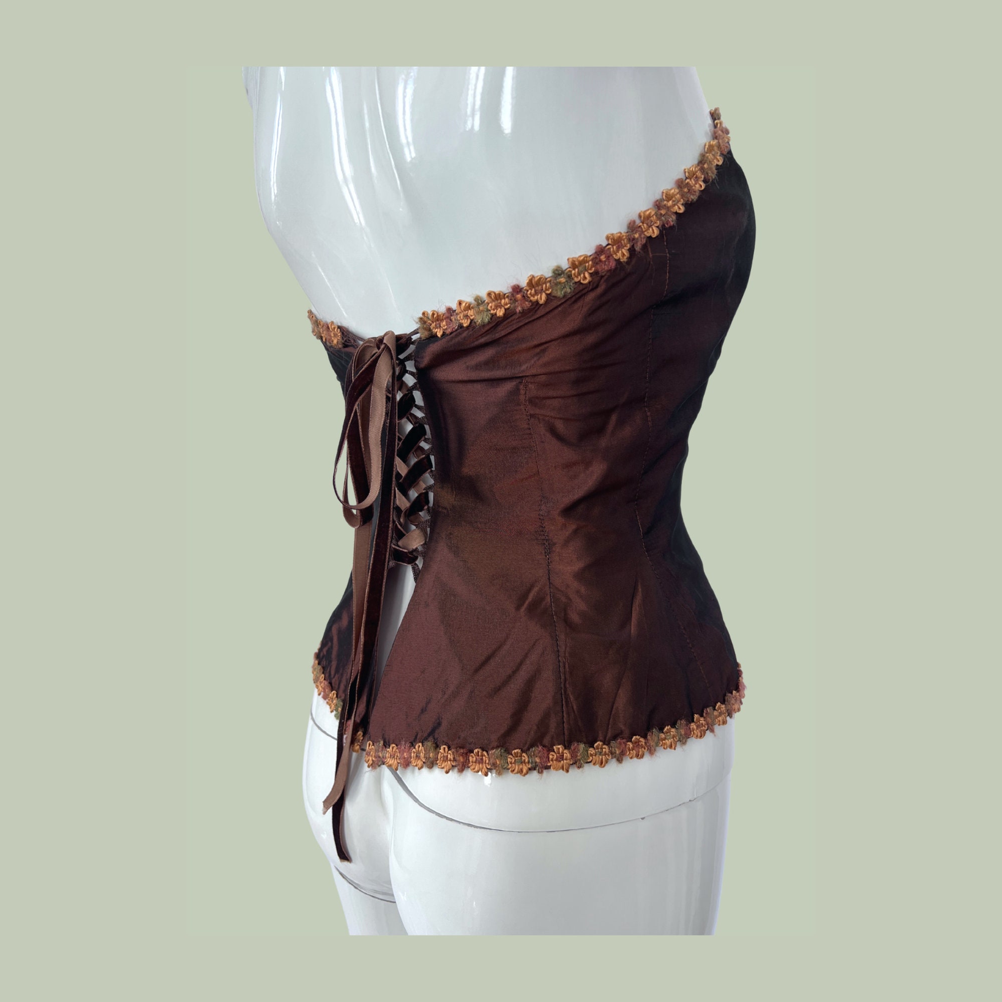 Brown Lace up Pleated Corset Top With Gathered Bust Silk Chiffon