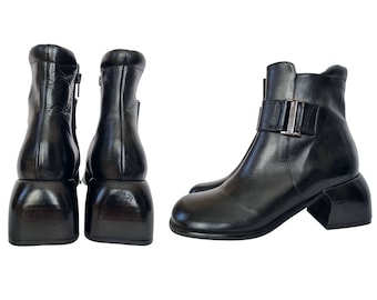 90s Vintage Square Toe Leather Block Wooden Heel Buckle Ankle Boots Grunge Deadstock
