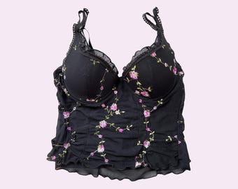 Vintage Y2K Floral Embroidered Mesh Corset Bustier Top