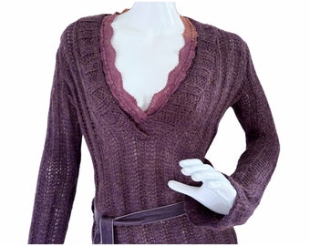 Vintage Flare Sleeve Asymmetric Sweater, Y2K Purple Knit Sweater with Velvet Tie Waist and Ombre Lace Trim Detail, Size Small