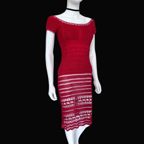 red crochet bodycon dress Flared Long Sleeve Open Back Maxi Dress In Red Crochet Knit | EGO US