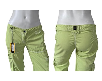 Y2K Deadstock Low Rise Green Cargo Pants, Cotton Wide Leg