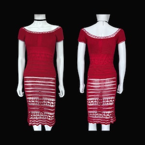 y2k レッド オフショルダー クロシェ ドレス、ボートネック ドレス、クロシェ ニット フィット ミディ ドレス、透かし彫りドレス、クロシェ ボディコン ドレス、フレンチ ヴィンテージ
