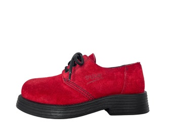 Vintage 90s Red Suede Oxford Shoes, Chunky Shoes, Lace Up Oxfords, Grunge Shoes, 90s Deadstock, EUR 37 UK 4 US 6