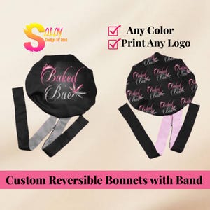 Touca de Camada Dupla Personalizada com Faixa Longa – Touca de Cetim Reversível Personalizada com Logotipo – Touca de Dormir Personalizada para Cuidados Naturais com Cabelos