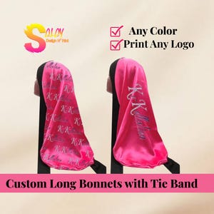Touca de cetim longa personalizada com faixa de amarrar – Touca de cabelo personalizada com logotipo – Touca de dormir para cabelos naturais, tranças ou estilos cacheados