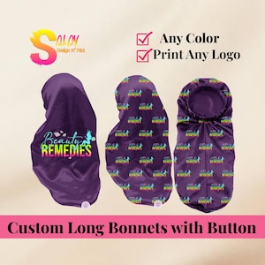 Touca de cetim longa personalizada com faixa ajustável e botão – Touca de cabelo personalizada com logotipo – Touca de dormir personalizada para cabelos naturais e cacheados