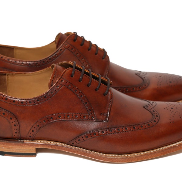 Wharfhampton Full Brogue Oxford In Calf Leather Cognac Brown Patina Finish Handmade Goodyear Welted Derby Style Formal Shoes