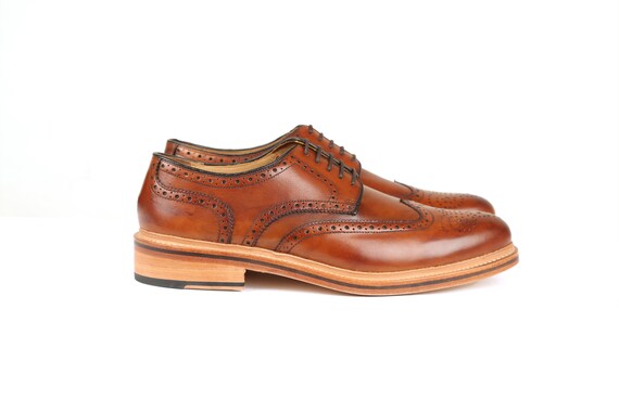 Churchill Full Brogue Derby Style Oxford in Cognac Tan Brown Patina Finish Handmade Goodyear Welted Calf Leather Classic Formal Shoes
