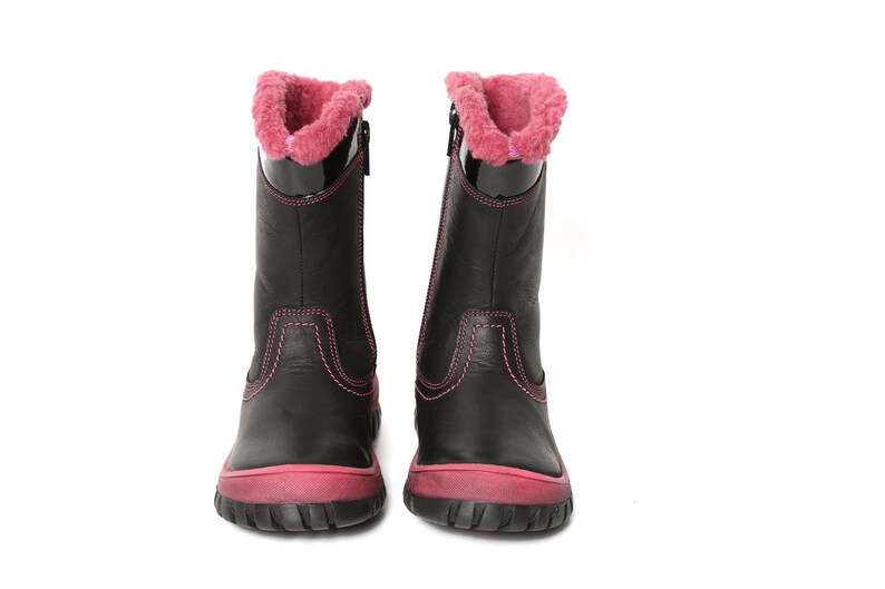 Merida Girls Premium Genuine Calf Leather Nubuck In Black Color With Pink Fur Lining & Detailing Durable Stylish Kids Youth Zip Ankle Boots image 3