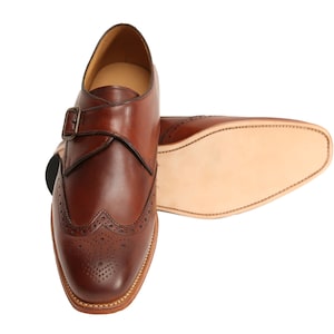 Hanover Italian Calf Leather Single Monk Strap Wingtip Style In Cognac Brown Patina Finish With Handmade Goodyear Welted Formal Monk Shoes image 3