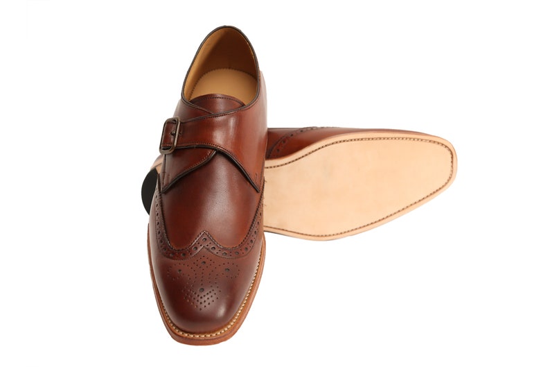 Hanover Italian Calf Leather Single Monk Strap Wingtip Style In Cognac Brown Patina Finish With Handmade Goodyear Welted Formal Monk Shoes image 3