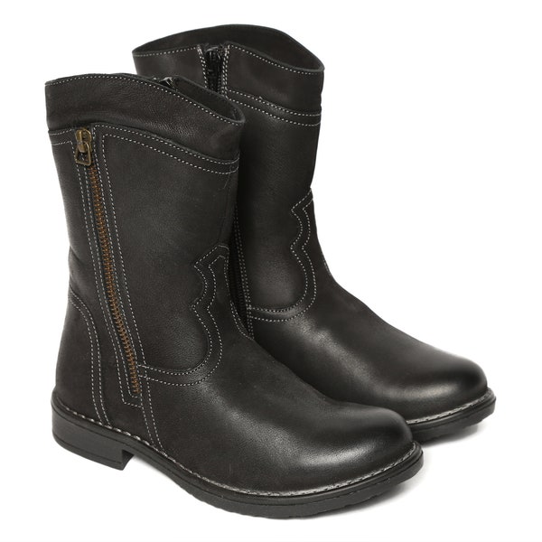 Lucy Premium Fantaisie Cuir de veau authentique Nubuck de couleur noire avec doublure de fourrure durable Élégant Saison d’hiver Enfants Jeunes Zip Bottines