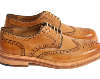 Churchill Premium Full Brogue Derby Style Oxford In Cedar Tan Brown Patina Finish Handmade Goodyear Welted Calf Leather Classic Shoes