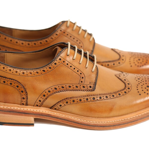 Churchill Premium Full Brogue Derby Style Oxford In Cedar Tan Brown Patina Finish Handmade Goodyear Welted Calf Leather Classic Shoes