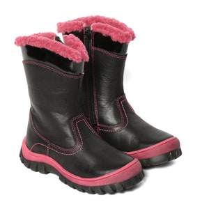 Merida Girls Premium Genuine Calf Leather Nubuck In Black Color With Pink Fur Lining & Detailing Durable Stylish Kids Youth Zip Ankle Boots image 1