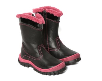 Merida Girls Premium Genuine Calf Leather Nubuck In Black Color With Pink Fur Lining & Detailing Durable Stylish Kids Youth Zip Ankle Boots