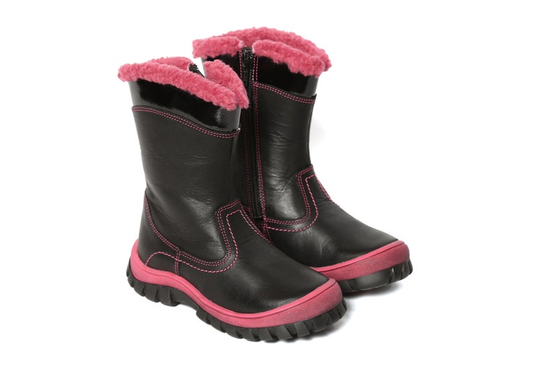 Merida Girls Premium Genuine Calf Leather Nubuck In Black Color With Pink Fur Lining & Detailing Durable Stylish Kids Youth Zip Ankle Boots image 1