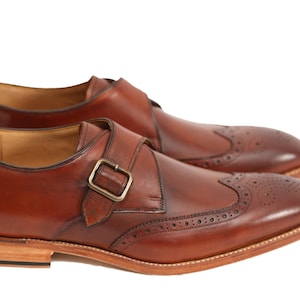 Hanover Italian Calf Leather Single Monk Strap Wingtip Style In Cognac Brown Patina Finish With Handmade Goodyear Welted Formal Monk Shoes image 1