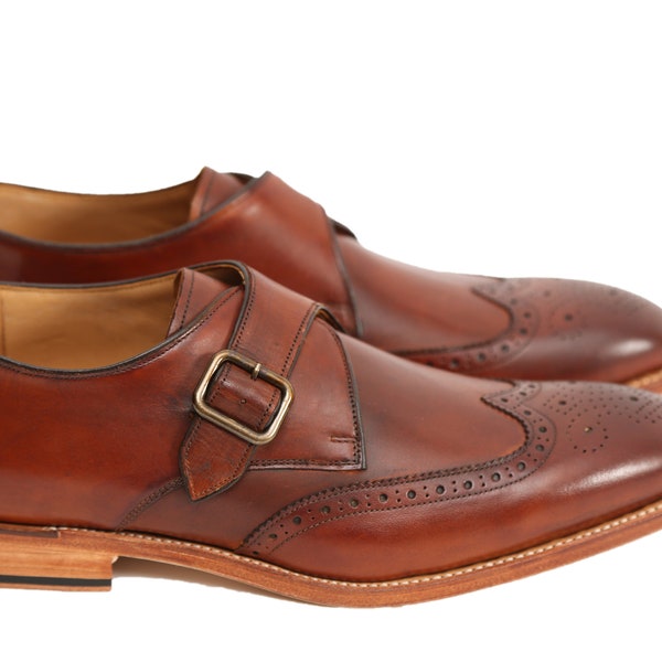 Hanover Italian Calf Leather Single Monk Strap Wingtip Style In Cognac Brown Patina Finish With Handmade Goodyear Welted Formal Monk Shoes