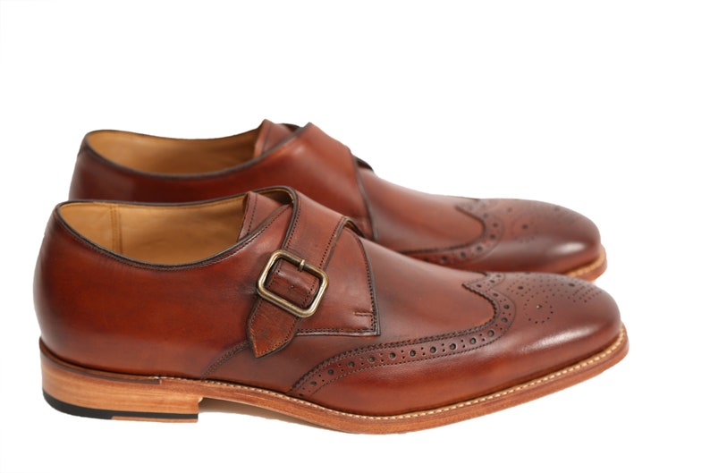 Hanover Italian Calf Leather Single Monk Strap Wingtip Style In Cognac Brown Patina Finish With Handmade Goodyear Welted Formal Monk Shoes image 1