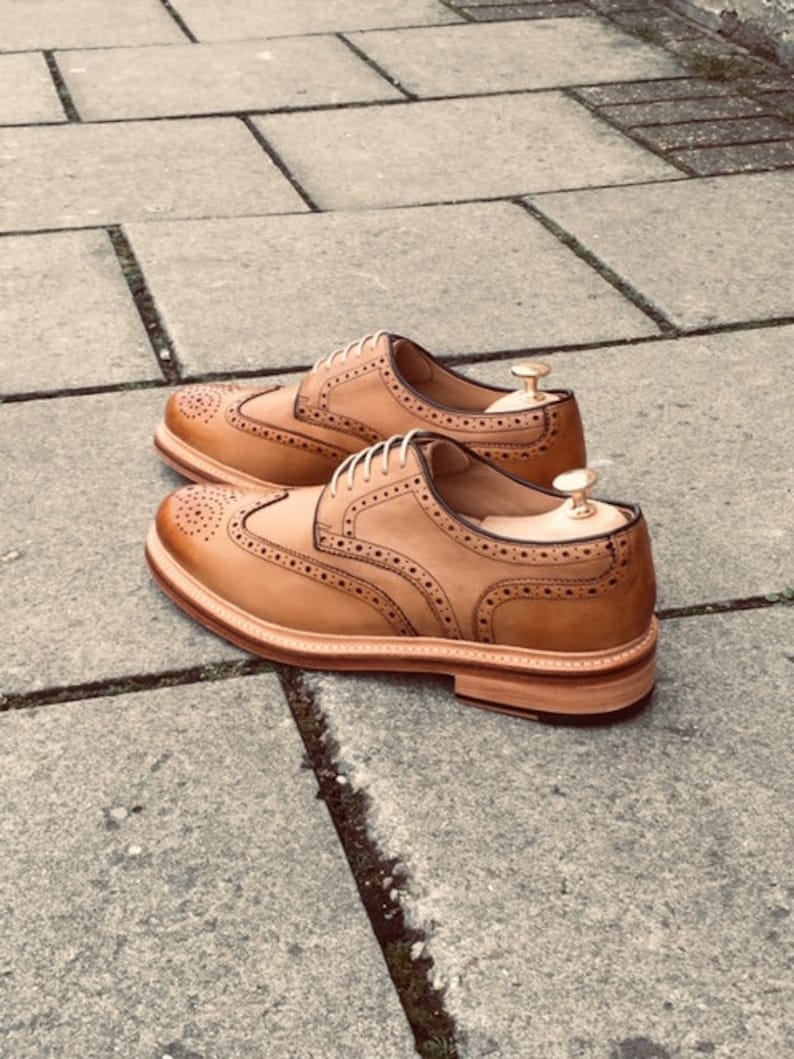 Churchill Premium Full Brogue Derby Style Oxford In Cedar Tan Brown Patina Finish Handmade Goodyear Welted Calf Leather Classic Shoes image 4